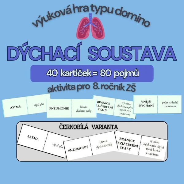 výuková hra typu domino -DÝCHACÍ SOUSTAVA - barevná i černobílá verze
