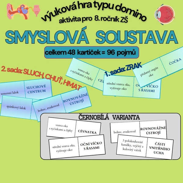 výuková hra typu domino SMYSLOVÁ SOUSTAVA - barevná i černobílá varianta