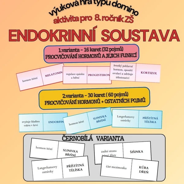výuková hra typu domino ENDOKRINNÍ SOUSTAVA - barevná i černobílá verze