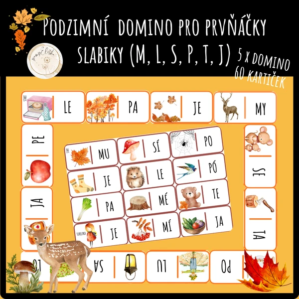 Podzimní domino pro prvňáčky - slabiky (M, L, S, P, T, J)
