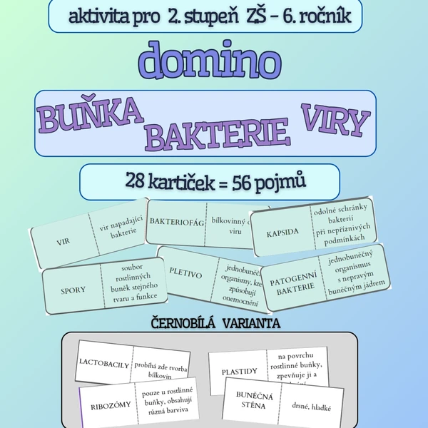 Domino BUŇKA, VIRY, BAKTERIE - PŘ 6. ročník -barevná i černobílá verze