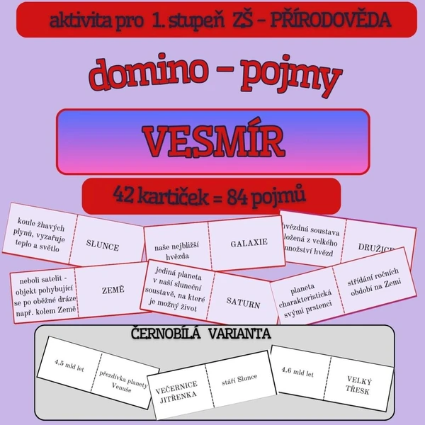 Domino - VESMÍR (pojmy k procvičení) - barevná i černobílá verze