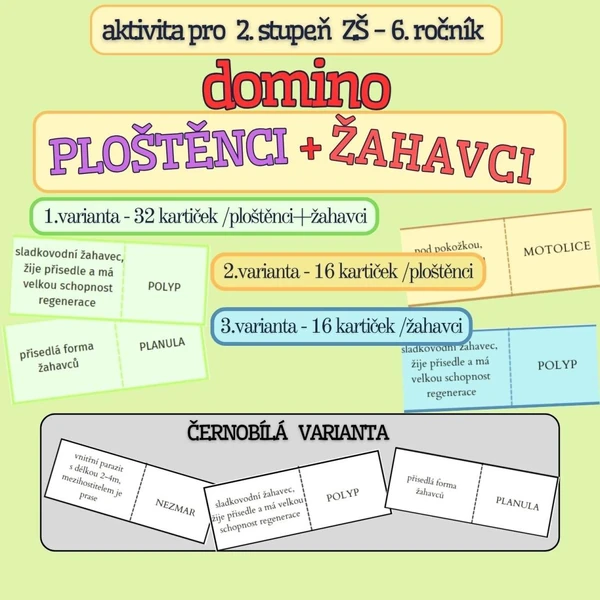 výuková hra Domino -PLOŠTĚNCI, ŽAHAVCI - barevná i černobílá verze