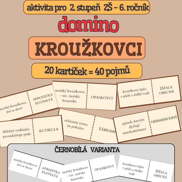 výuková hra Domino - KROUŽKOVCI, BAREVNÁ I ČERNOBÍLÁ VERZE