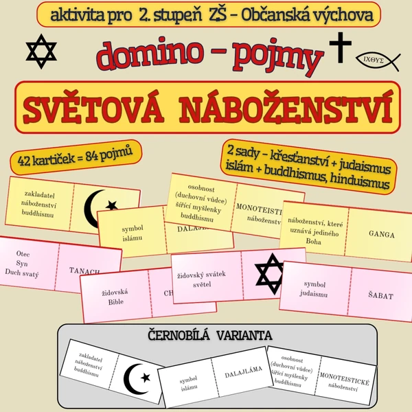 Domino SVĚTOVÁ NÁBOŽENSTVÍ II. - rozděleno na 2 sady, BAREVNÁ i ČERNOBÍLÁ VERZE