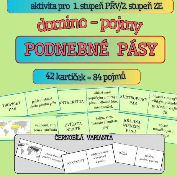 Domino - PODNEBNÉ PÁSY (podnebí, rostliny, živočichové, mapa) - barevná i čb verze