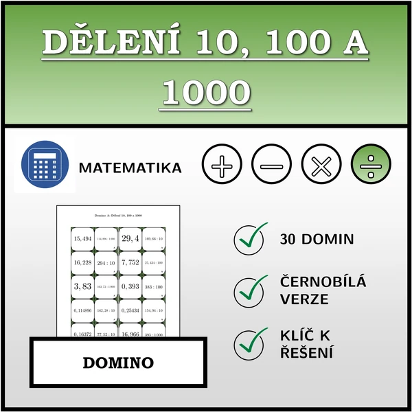 Domino - Dělení 10, 100 a 1000 | matematika