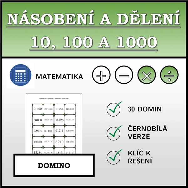 Domino - Násobení a dělení 10, 100 a 1000 | matematika