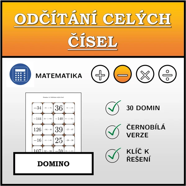 Domino - Odčítání celých čísel | matematika