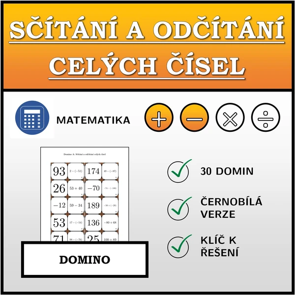 Domino - Sčítání a odčítání celých čísel | matematika