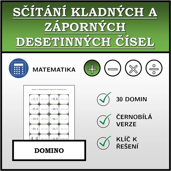 Domino - Sčítání kladných a záporných desetinných čísel | matematika