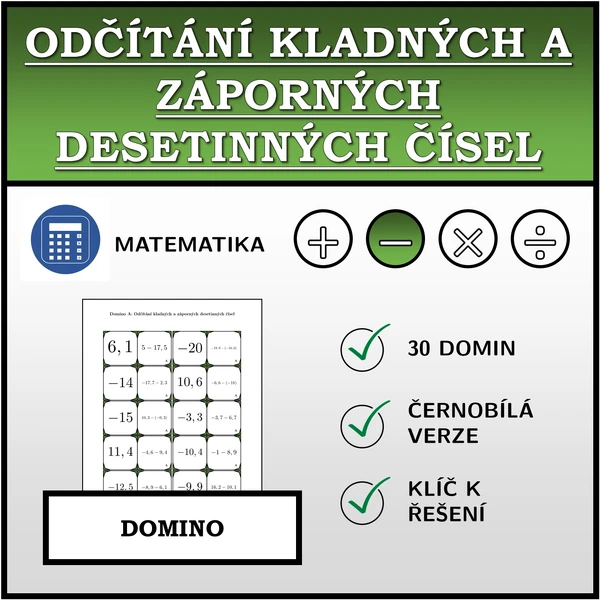 Domino - Odčítání kladných a záporných desetinných čísel | matematika
