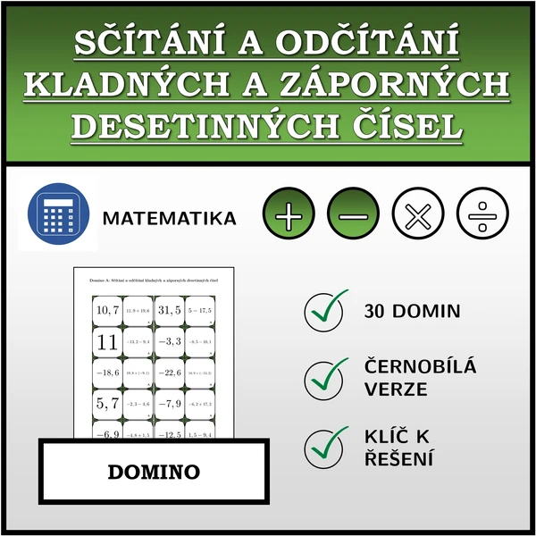 Domino - Sčítání a odčítání kladných a záporných desetinných čísel | matematika