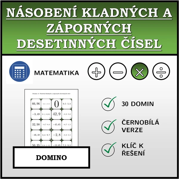 Domino - Násobení kladných a záporných desetinných čísel | matematika