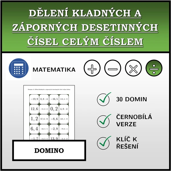 Domino - Dělení kladných a záporných desetinných čísel celým číslem | matematika