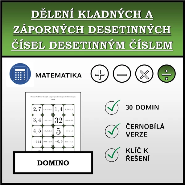 Domino - Dělení kladných a záporných desetinných čísel desetinným číslem | matematika