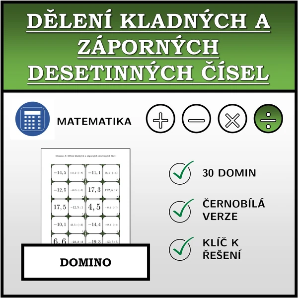 Domino - Dělení kladných a záporných desetinných čísel | matematika