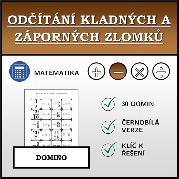 Domino - Odčítání kladných a záporných zlomků | matematika