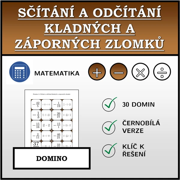 Domino - Sčítání a odčítání kladných a záporných zlomků | matematika