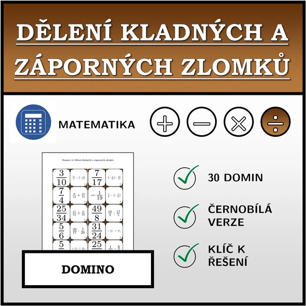 Domino - Dělení kladných a záporných zlomků | matematika
