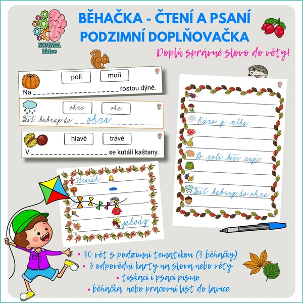 Běhačka - čtení s porozuměním a psaní - Podzimní doplňování slov do vět
