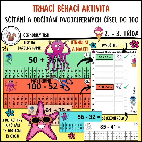 Trhací běhací aktivita - sčítání a odčítání do 100