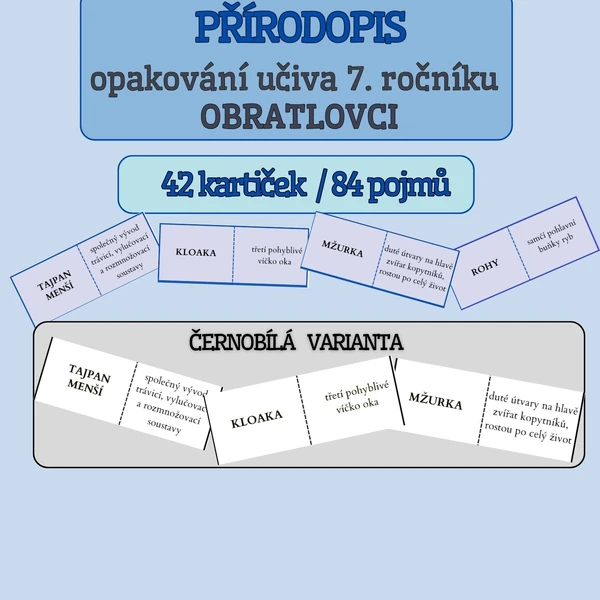 DOMINO - PŘÍRODOPIS opakování 7. ročníku OBRATLOVCI - barevná i černobílá verze