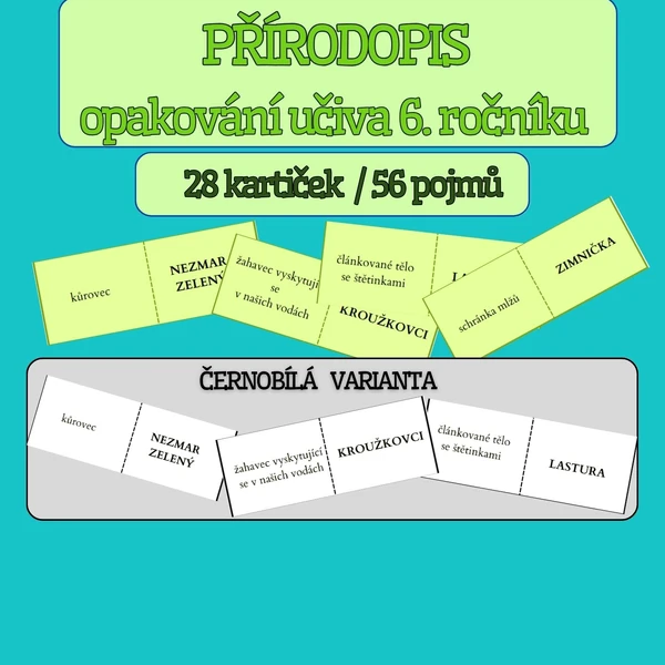 Domino - PŘÍRODOPIS - opakování učiva 6. ročníku - barevná i černobílá verze