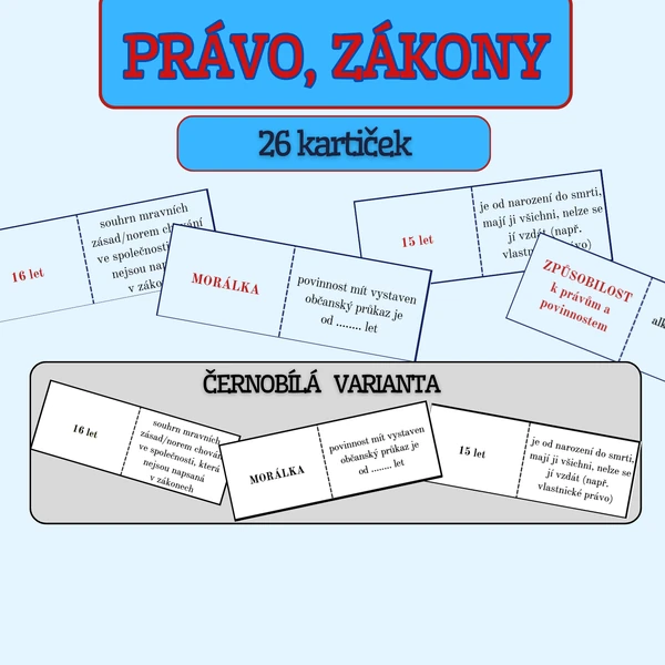 domino Občanská výchova - PRÁVO, ZÁKONY - barevná i čb verze