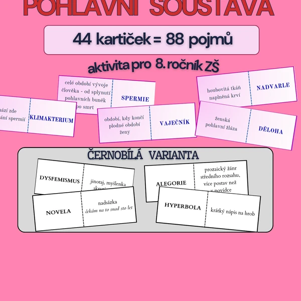 výuková hra typu domino POHLAVNÍ SOUSTAVA - barevná i černobílá varianta