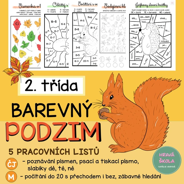 PODZIM- VYBARVOVAČKY ČJ + M - 2. TŘÍDA - 5 pracovních listů + řešení