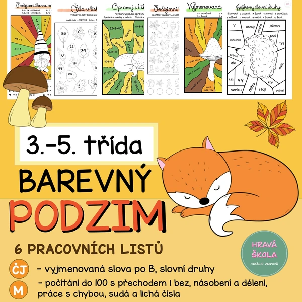 PODZIM- VYBARVOVAČKY ČJ + M - 3.-5. TŘÍDA - 6 pracovních listů + řešení