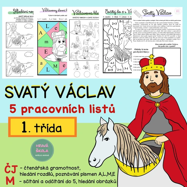 SVATÝ VÁCLAV - VYBARVOVAČKY ČJ + M - 1. TŘÍDA - 5 PL + řešení