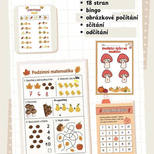 Podzimní počítání pro ZŠ, bingo, obrázkové sčítání a odčítání
