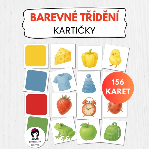 Barevné třídění - kartičky, barvy, demonstrační obrázky, poznávání barev
