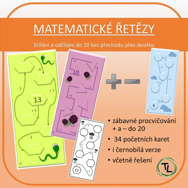 Matematické řetězy - sčítání a odčítání do 20 bez přechodu
