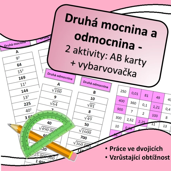 Druhá mocnina a odmocnina - AB karty + vybarvovačka