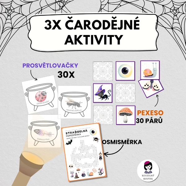 Čarodějné aktivity - pexeso, prosvětlovačky, osmisměrka (Dušičky, Halloween, Pálení čarodějnic)