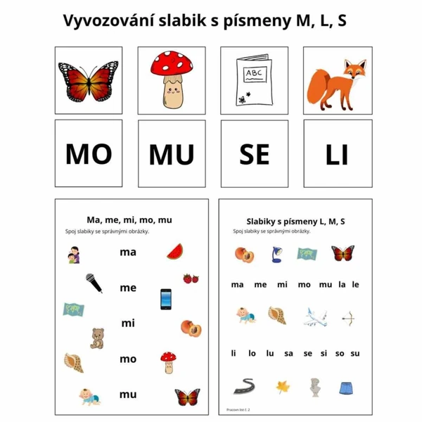 Vyvozování slabik s písmeny M, L, S (karty + pracovní listy) 
