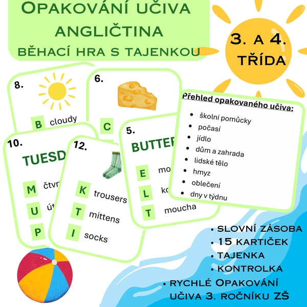 Opakování učiva 3. ročníku - angličtina - běhací hra s tajenkou