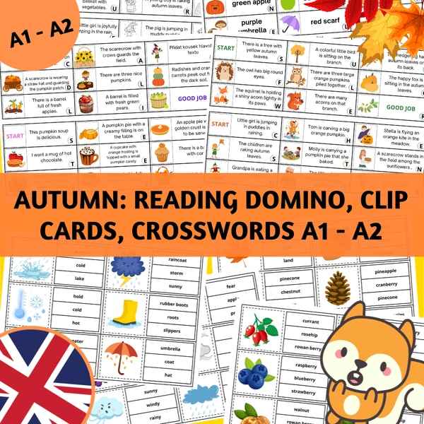 Autumn: Reading domino, clip cards, crosswords A1 - A2
