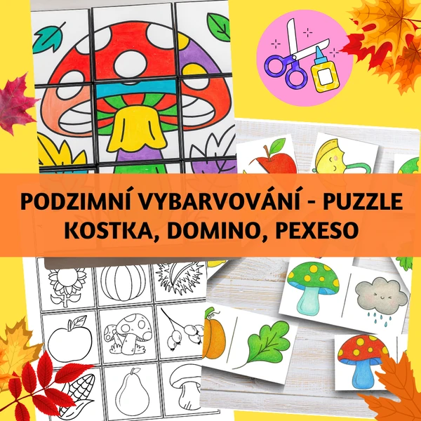 Podzimní vybarvování - puzzle kostka, domino, pexeso