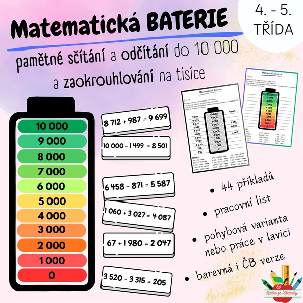 Matematická baterie: pamětné sčítání, odčítání do 10 000 a zaokrouhlování na tisíce