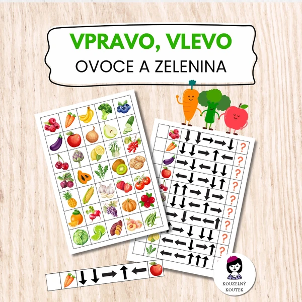 Ovocné a zeleninové šifrování, vpravo, vlevo, orientace, směry, šipkovaná, ovoce, zelenina