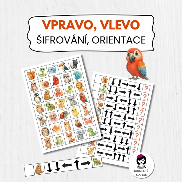 Zvířátkové šifrování, vpravo, vlevo, orientace, směry, šipkovaná, zoo, zvířata