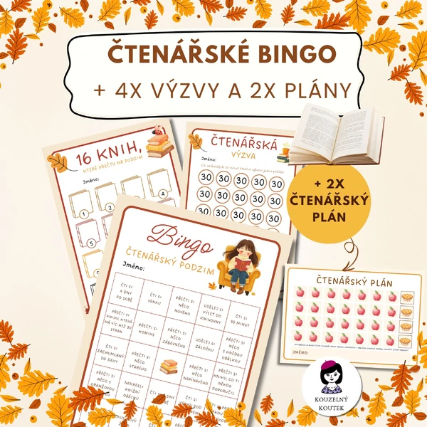 Čtenářské bingo + sada čtenářských výzev - knihovna, čtení, motivace, tracker, podzim