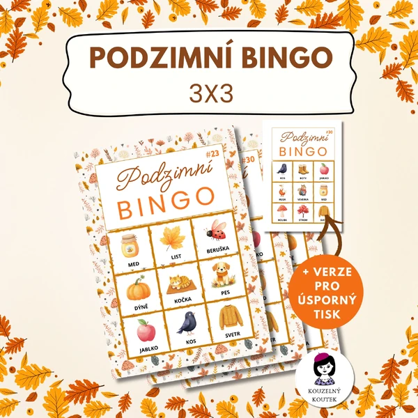 Podzimní bingo - hra pro děti, mini bingo, podzimní aktivita, 3x3