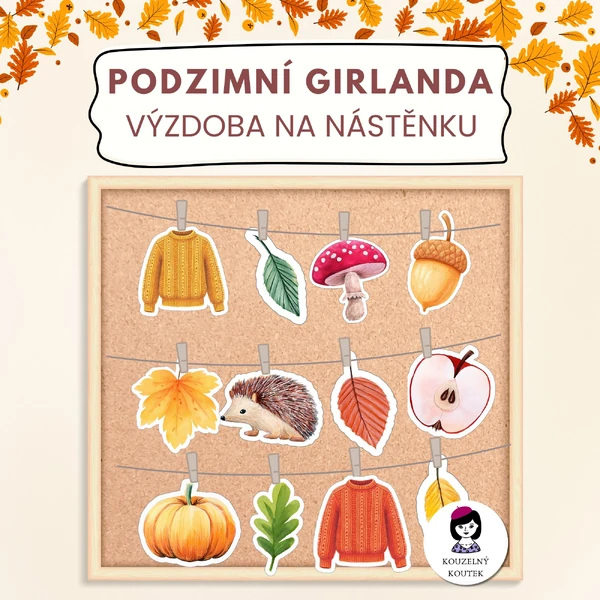 Podzimní girlanda, podzimní výzdoba, nástěnka, listí, dýně, ježek
