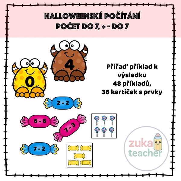 Halloweenské počítání, počet do 7, + - do 7
