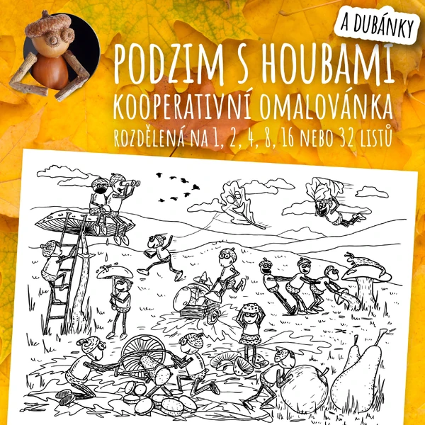 Podzim s houbami a dubánky - kooperativní obraz - omalovánka